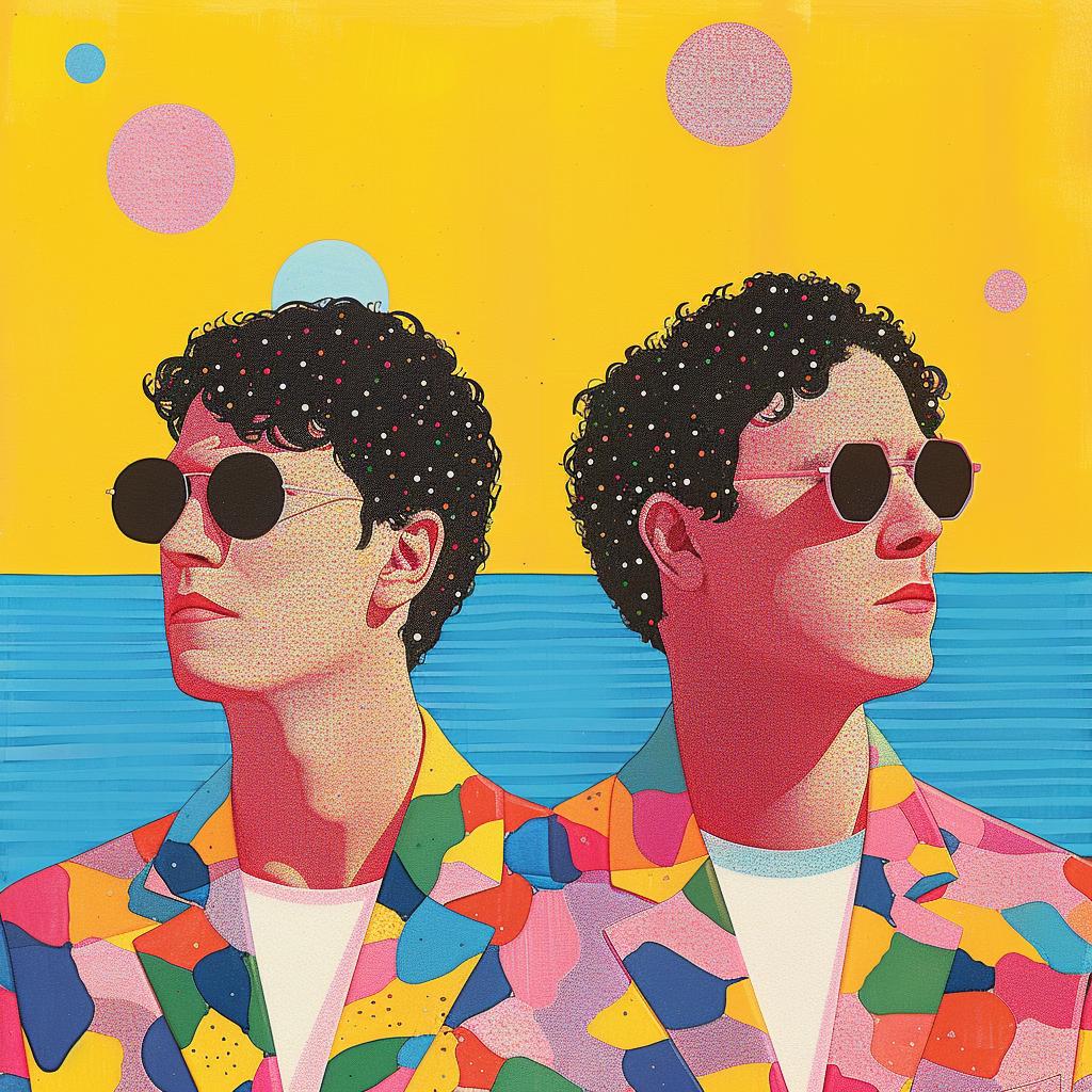 surreal  album  cover  pointillism  men  sunglasses  colorful  clothes  artwork  style 977169