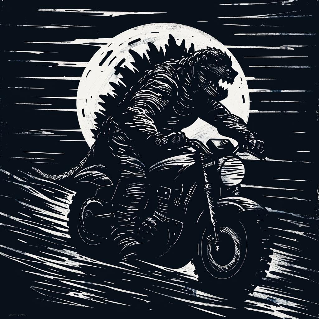 Godzilla  motorcycle  anthropomorphic  helmet  dark  stylized  riding  graphic  dynamic  illustration 1026026