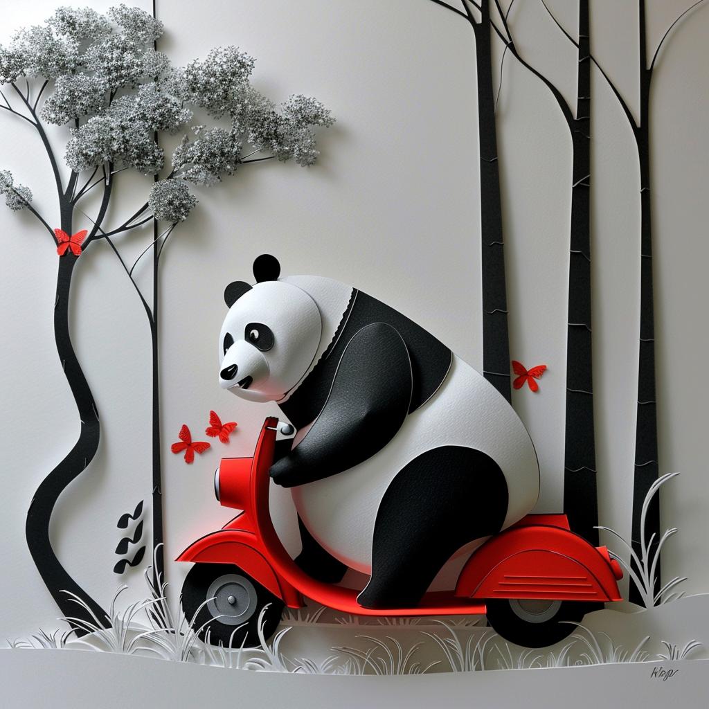 panda  scooter  happy  paper  art  red  playful  cute  whimsical  design 944196