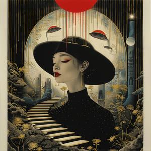 surreal  album  cover  woman  black  hat  red  dress  sun  Risograph 1077707