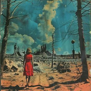 surrealist  collage  photo  montage  woman  desert  red  dress  enigmatic  1970s 1041295