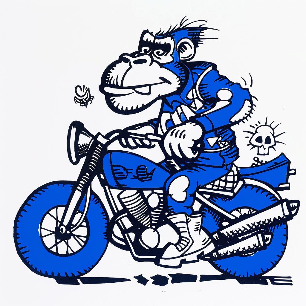 chimp  motorcycle  drawing  blue  white  cartoon  animal  whimsical  fun  art 1025452
