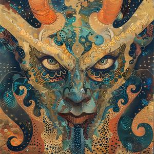 demon  face  portrait  1950s  vintage  comic  surrealism  pointillism  Art Nouveau  gold 1076979