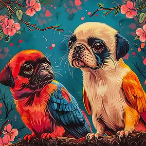 dogs  branch  flowers  chromolithography  nature  sitting  scene  animal  art  colorful 1052721