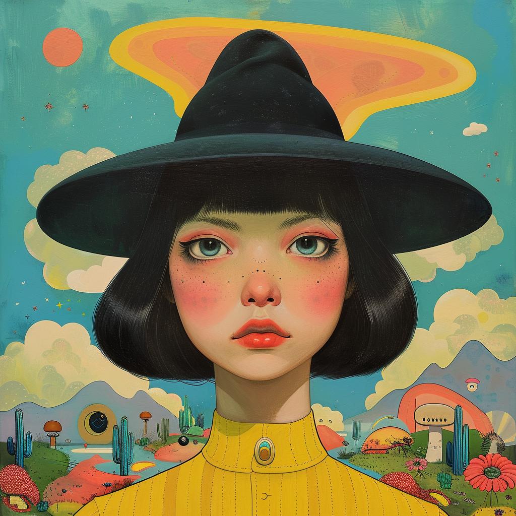 woman  hat  yellow  shirt  surreal  painting  creative  album  cover  whimsical 1017784