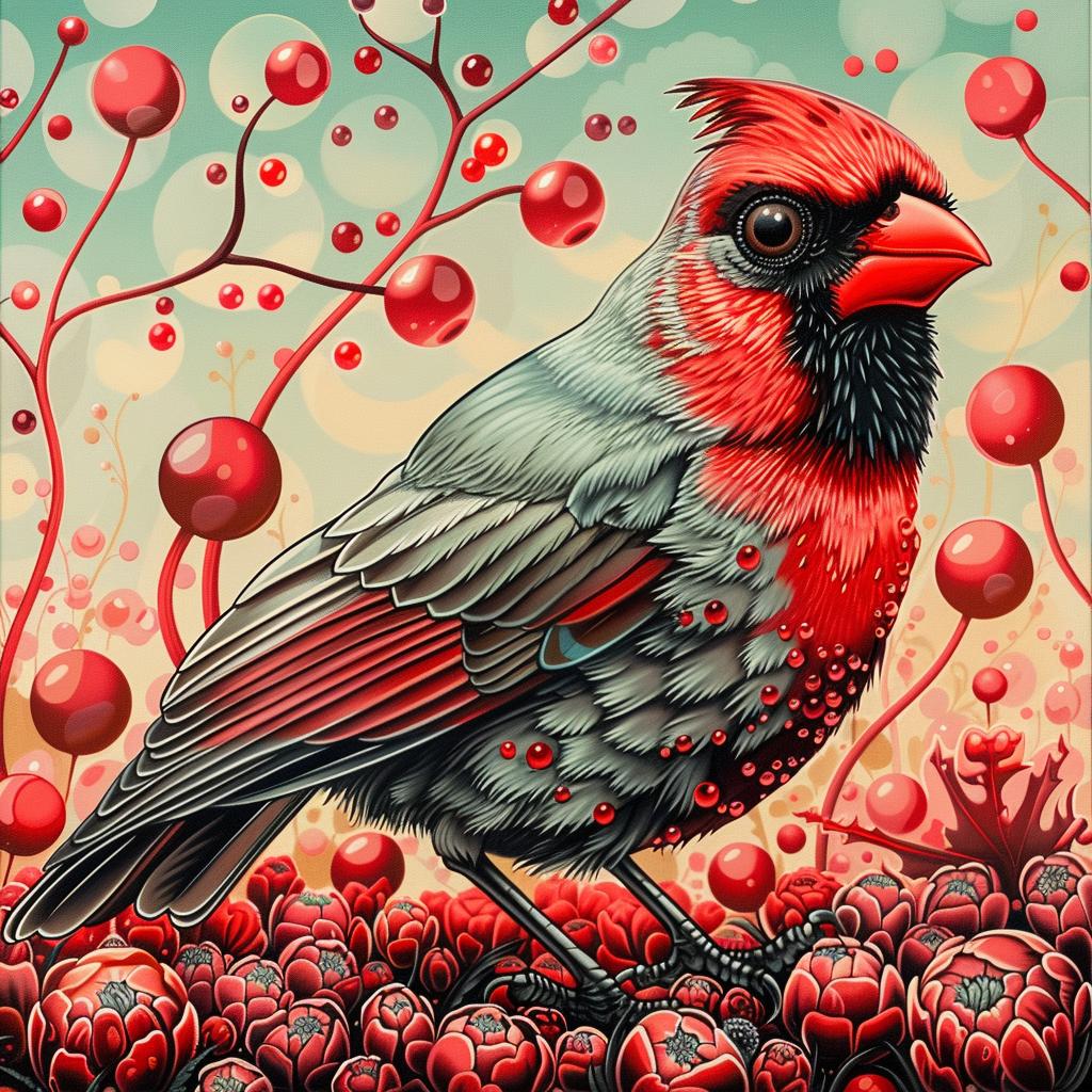 cardinal  bird  chubby  red  berries  painting  nature  whimsical  bright  minimal 1033536