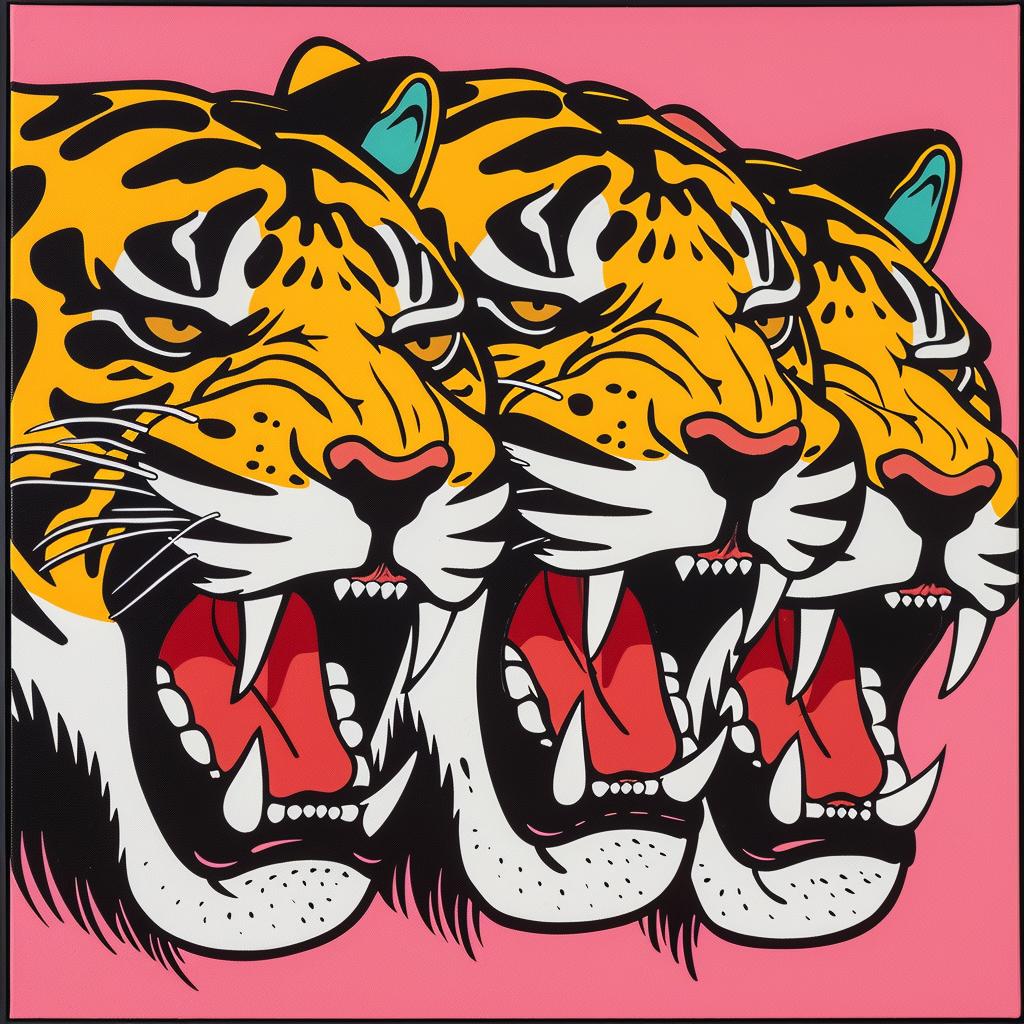 Tiger  Three-headed  Pink  Background  Bold  Fierce  Illustration  Animal  Vibrant  Art 973060