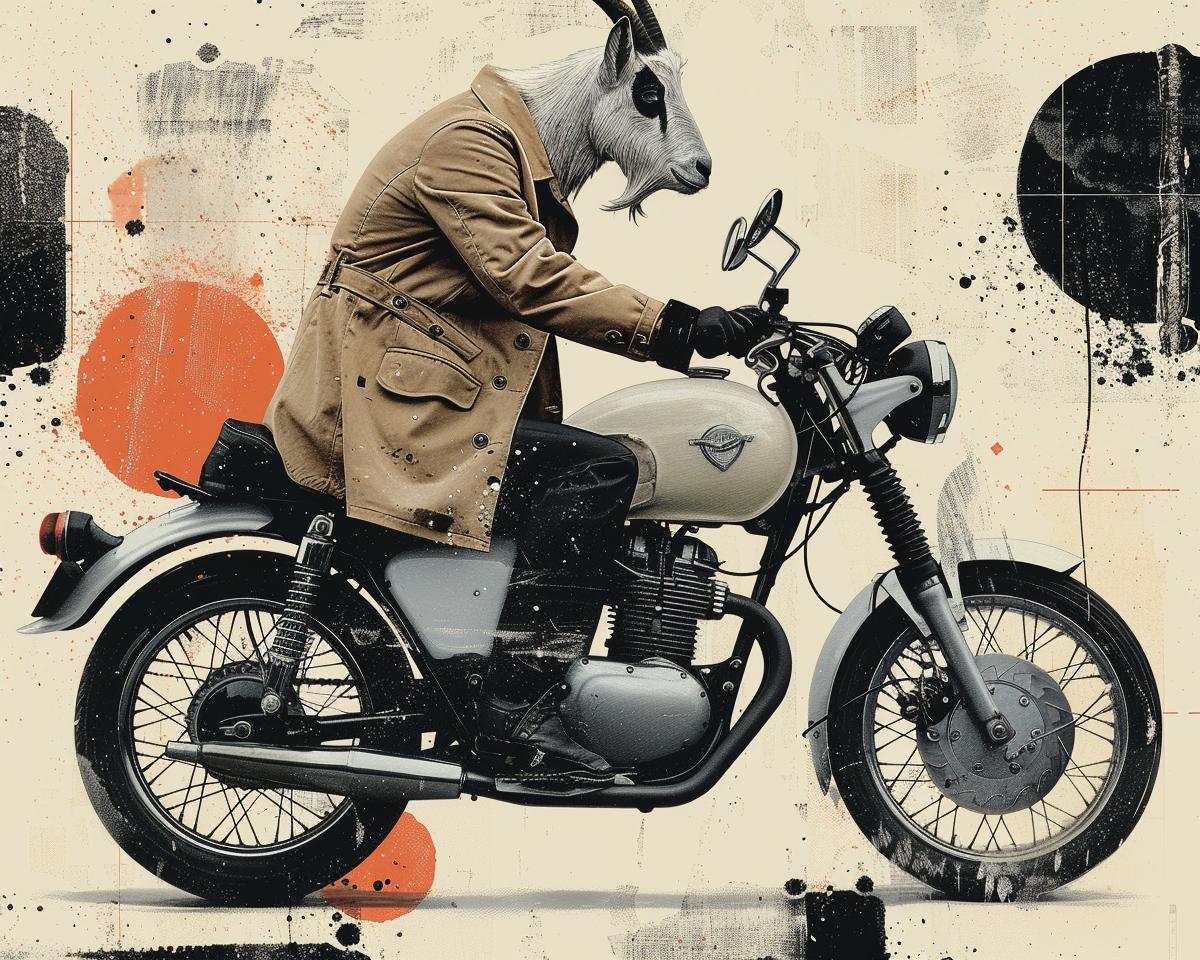 goat  motorcycle  trenchcoat  humor  art  animals  fantasy  surreal  vibrant  whimsical 1021461