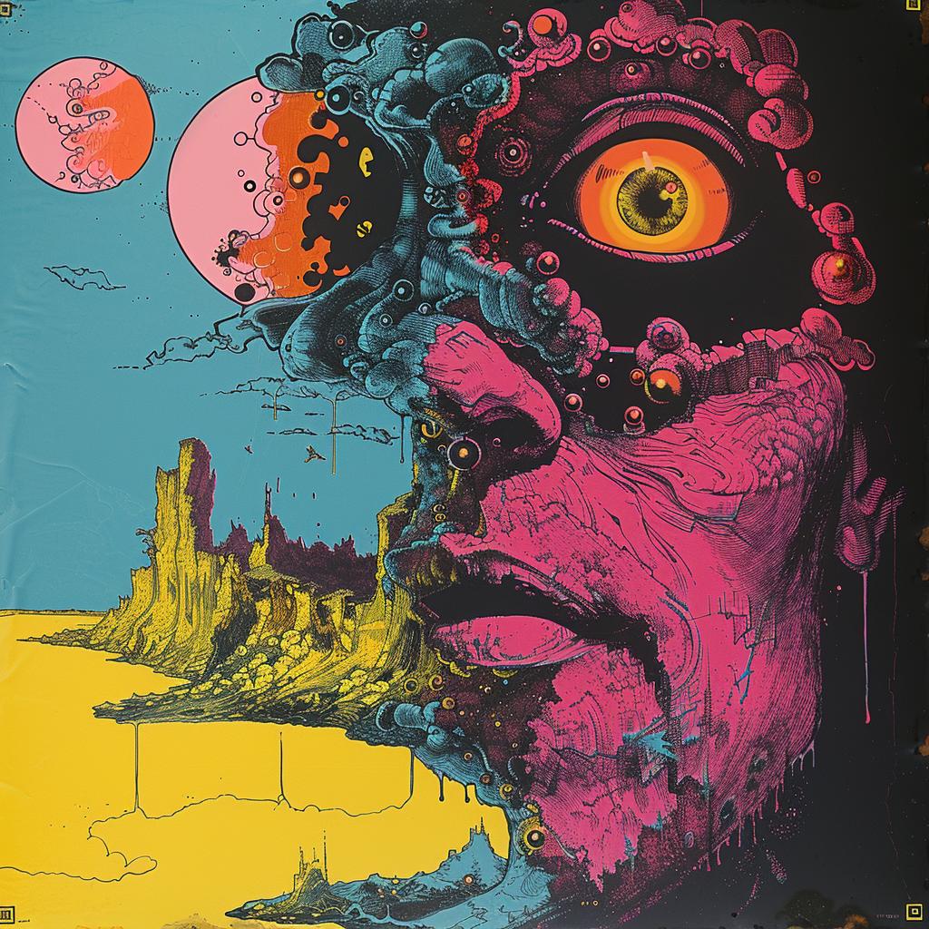 surreal  album  cover  hyper-realistic  screenprinting  Seymour  Chwast  creative  man  iron 960598