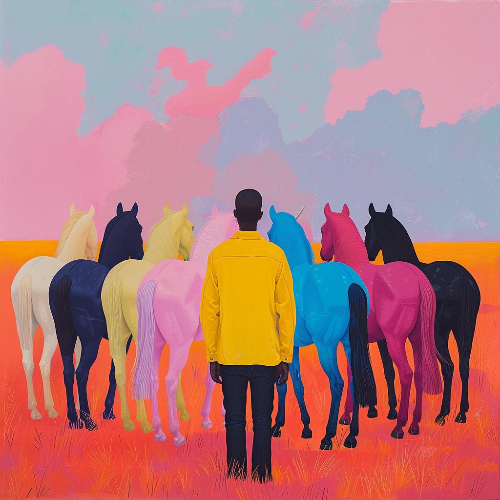 man  horses  wild  surreal  art  nature  vibrant  painting  creative  imagination 1017879