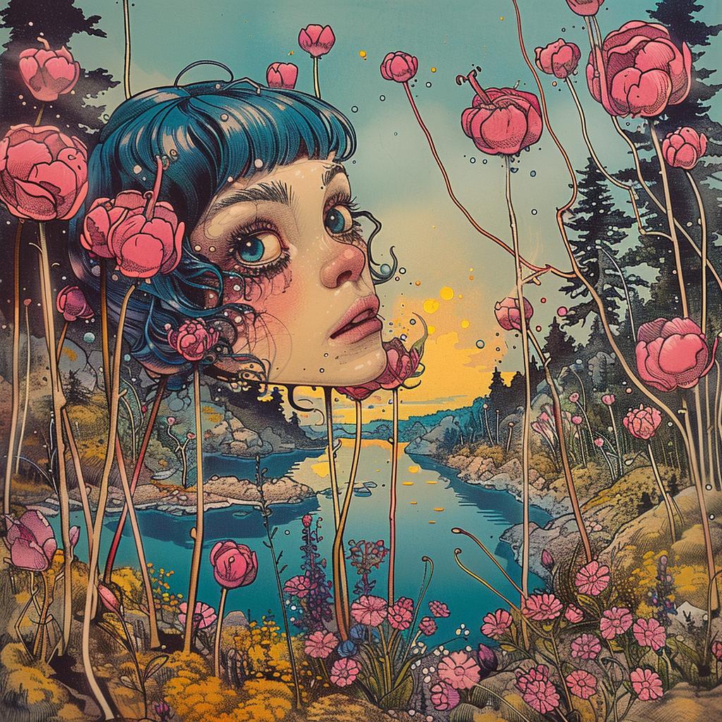 chromolithography  woman  bluehair  flowers  painting  background  portrait  colorful  vibrant  nature 924642