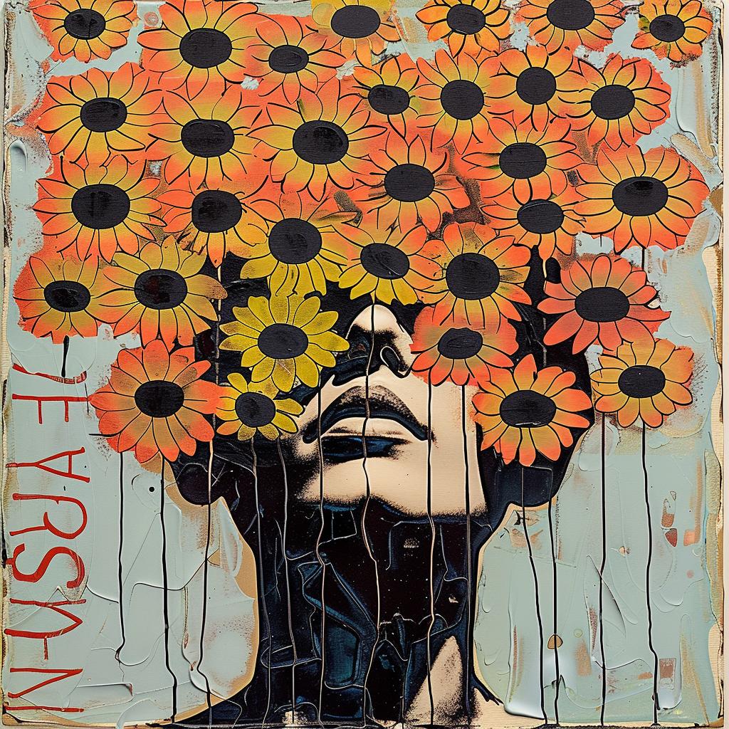 encaustic  woman  sunflowers  impasto  palette-knife  flowerpunk  vibrant  whimsical  colorful  portrait 951010