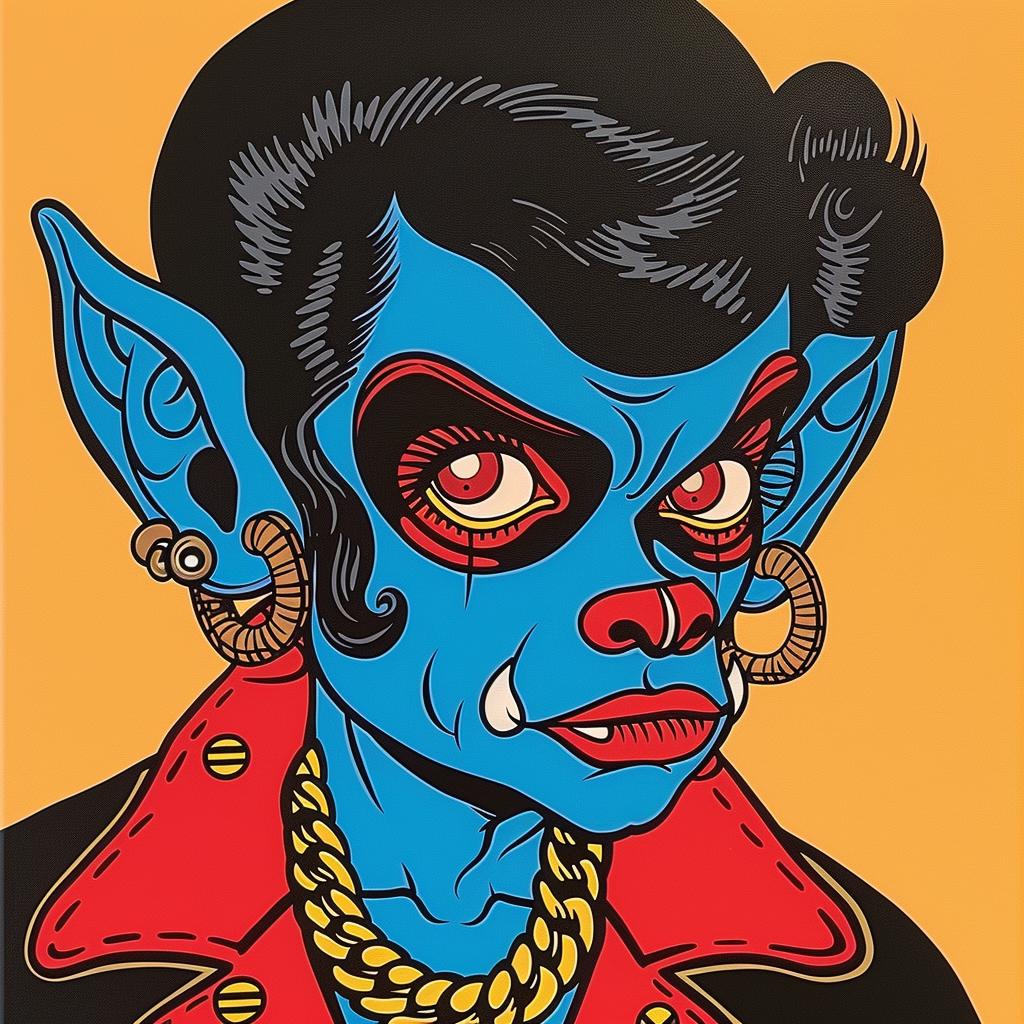 شخصية كرتونية من فيلم Devil Greaser، سترة حمراء، عيون زرقاء، أسلوب غريب الأطوار 1024552
