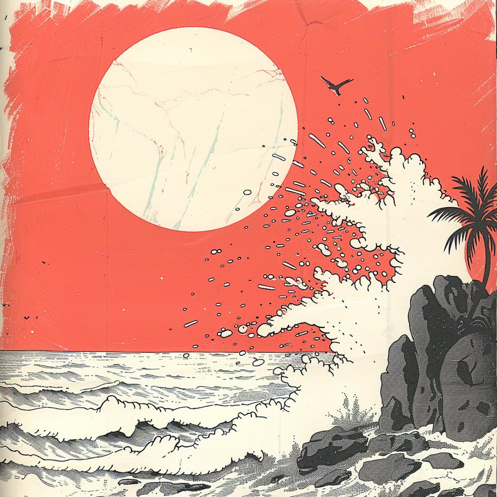 cover  red  sun  waves  Ukiyo-e  surreal  chaos  symbolist  synthwave  design 916815