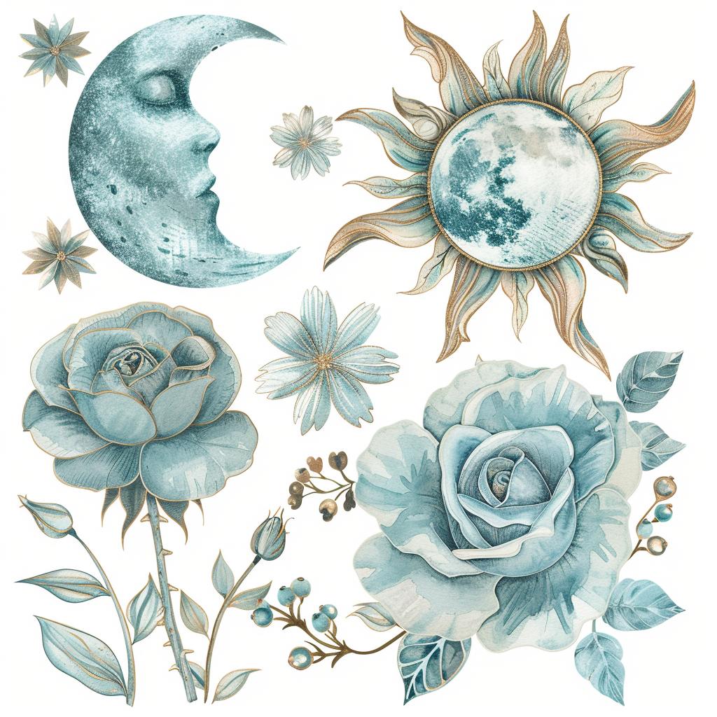clipart  watercolor  boho  flowers  sun  moon  roses  soft  earthy  whimsical 960161