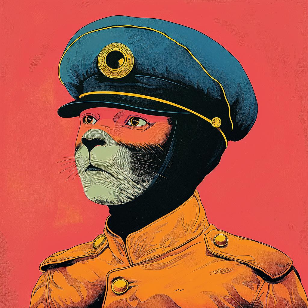cartoon  cat  military  uniform  playful  colorful  fun  whimsical  illustration  Joan 1018935