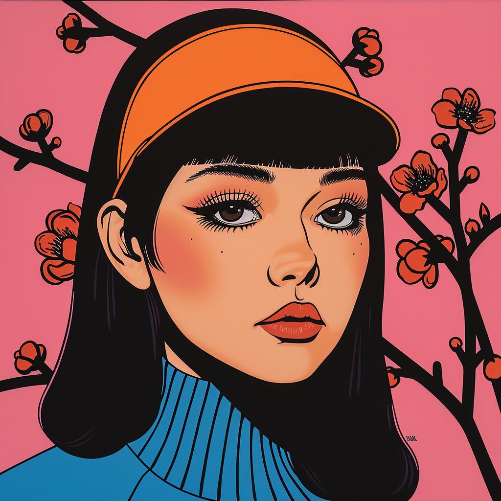 album  cover  girl  black  hair  hat  pink  background  stylized  colorful 1024920