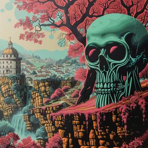 chromolithography  skull  tree  waterfall  landscape  nature  mysterious  dark  fantasy  symbolic 1039715