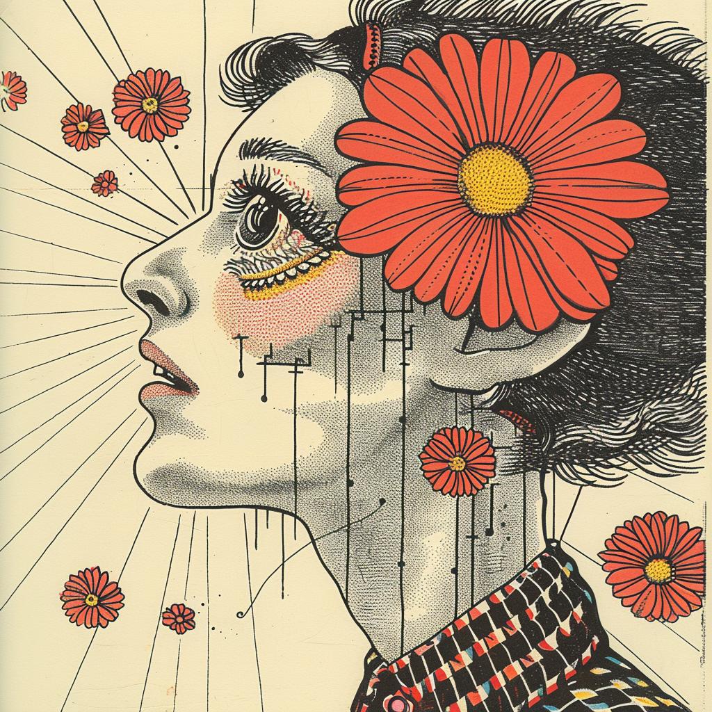 BAUHAUS  Ukiyo-e  surreal  flowerpunk  woman  flowers  Risograph  Symbolist  hyper-realistic  drawing 916287