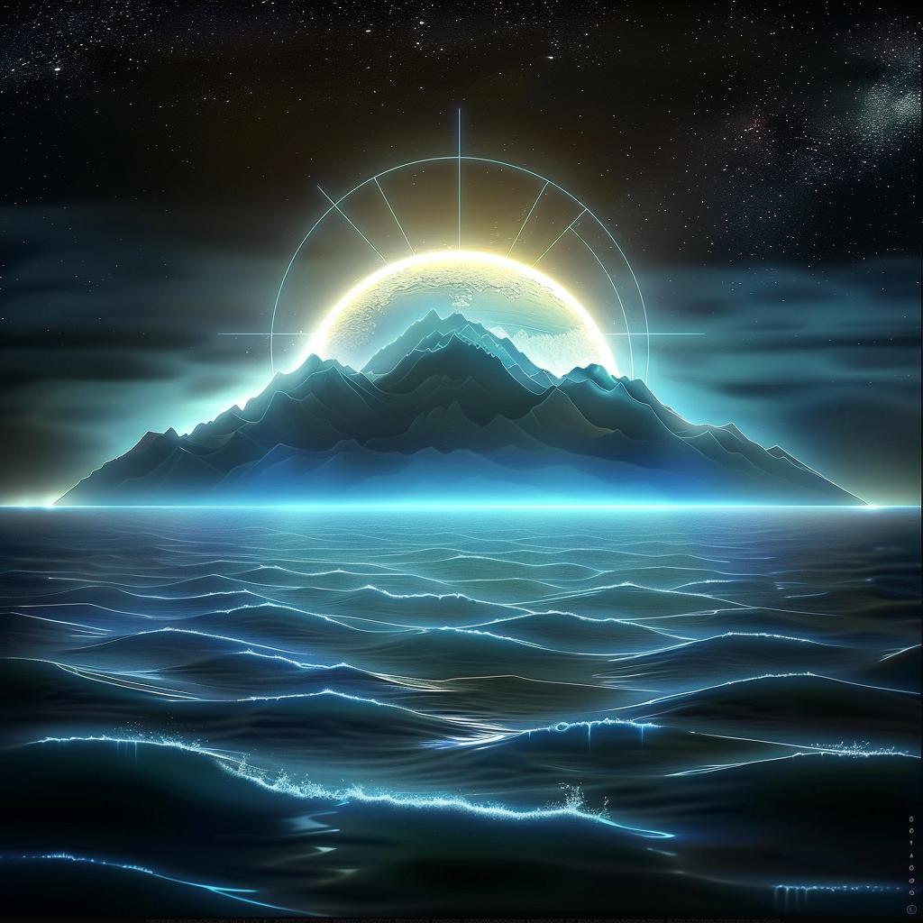 blue  ocean  animated  vibrant  folk-inspired  sun  mountain  illustration  waves  beauty 945253