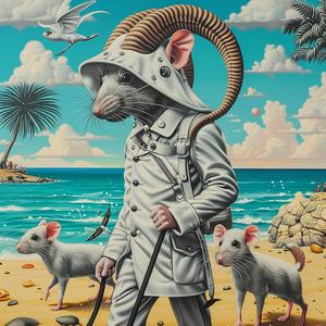 rat  man  goat  horns  puppies  beach  painting  eclectic  humorous  whimsical 1037886