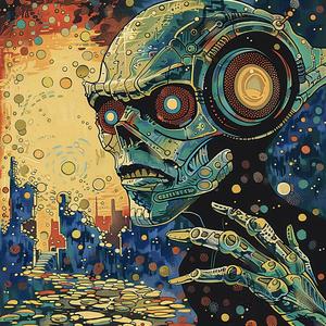 robot  painting  comic  illustration  surrealism  ArtNouveau  vintage  gold  indigo  teal 1076370