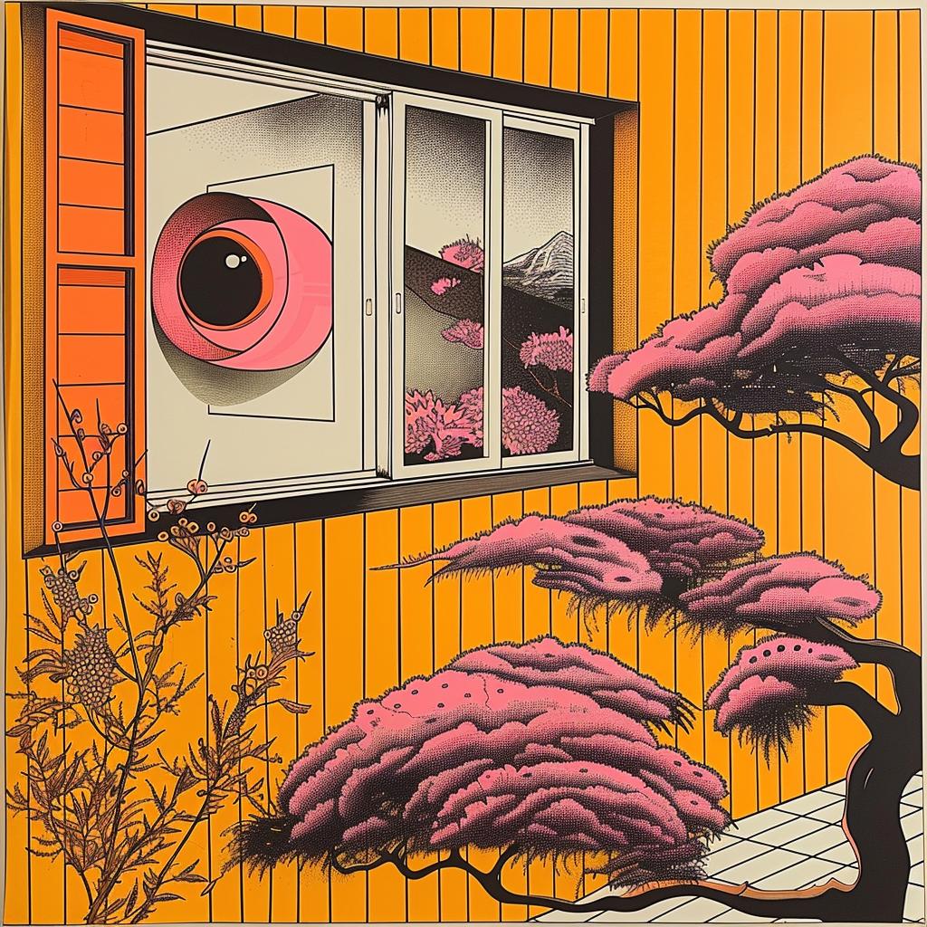horror  novel  Japanese  minimalism  pink  house  eye  window  painting  style 1020523