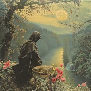 person  river  sitting  rock  chromolithography  nature  landscape  art  serene  scene 1055744