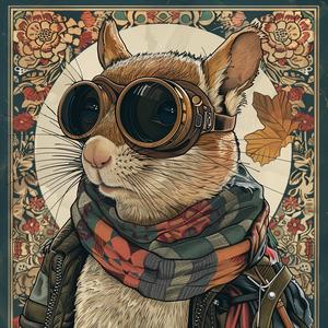 surreal  album  cover  squirrel  goggles  scarf  detailed  screenprint  anthropomorphic  Koloman 1079623