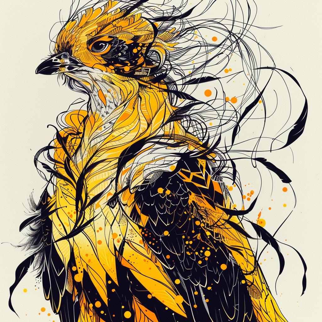 drawing  bird  hybrid  mythical  yellow  black  feathers  fantasy  unique  nature 952526