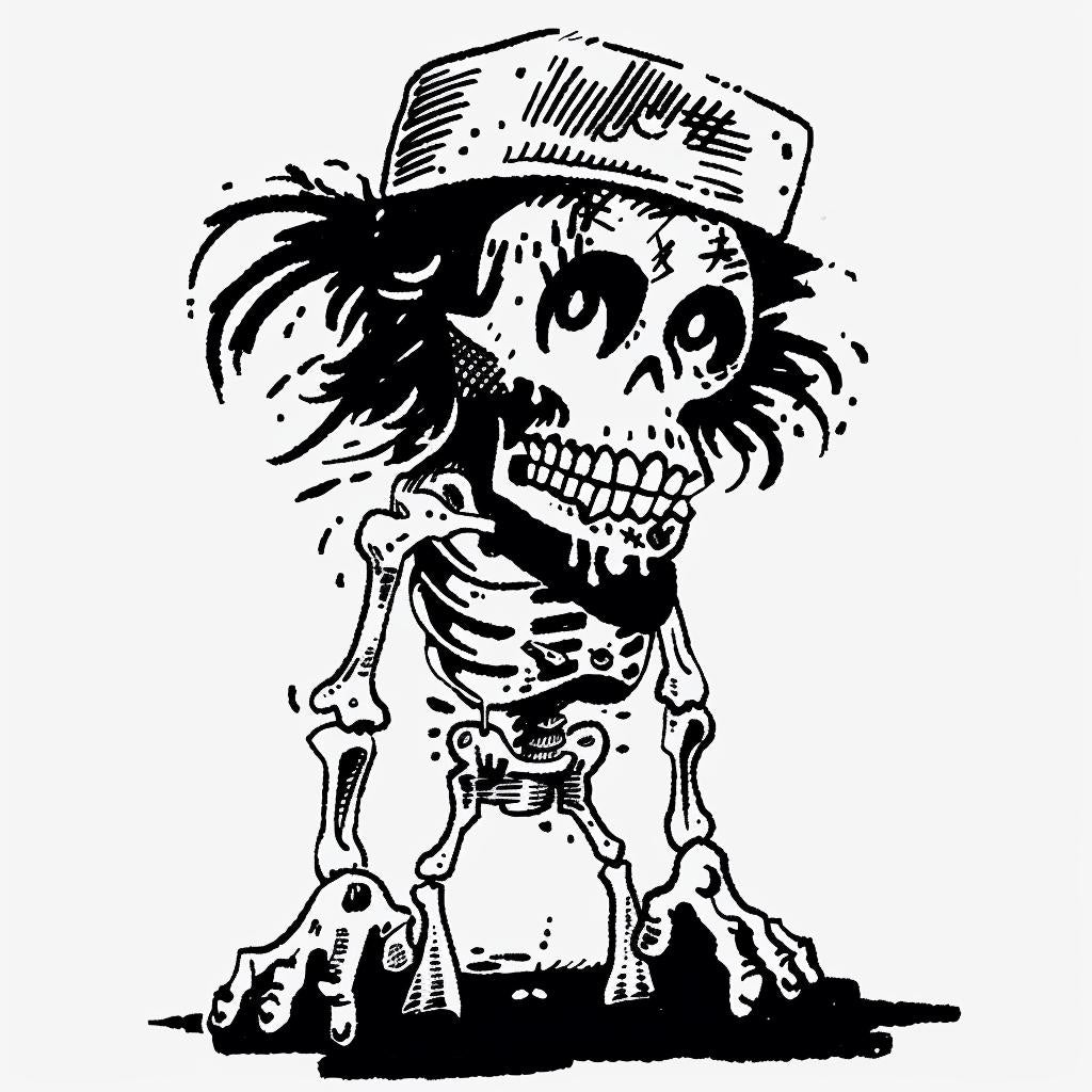 skeleton  cartoon  hat  gun  character  humor  playful  animated  graphic  whimsical 1027719