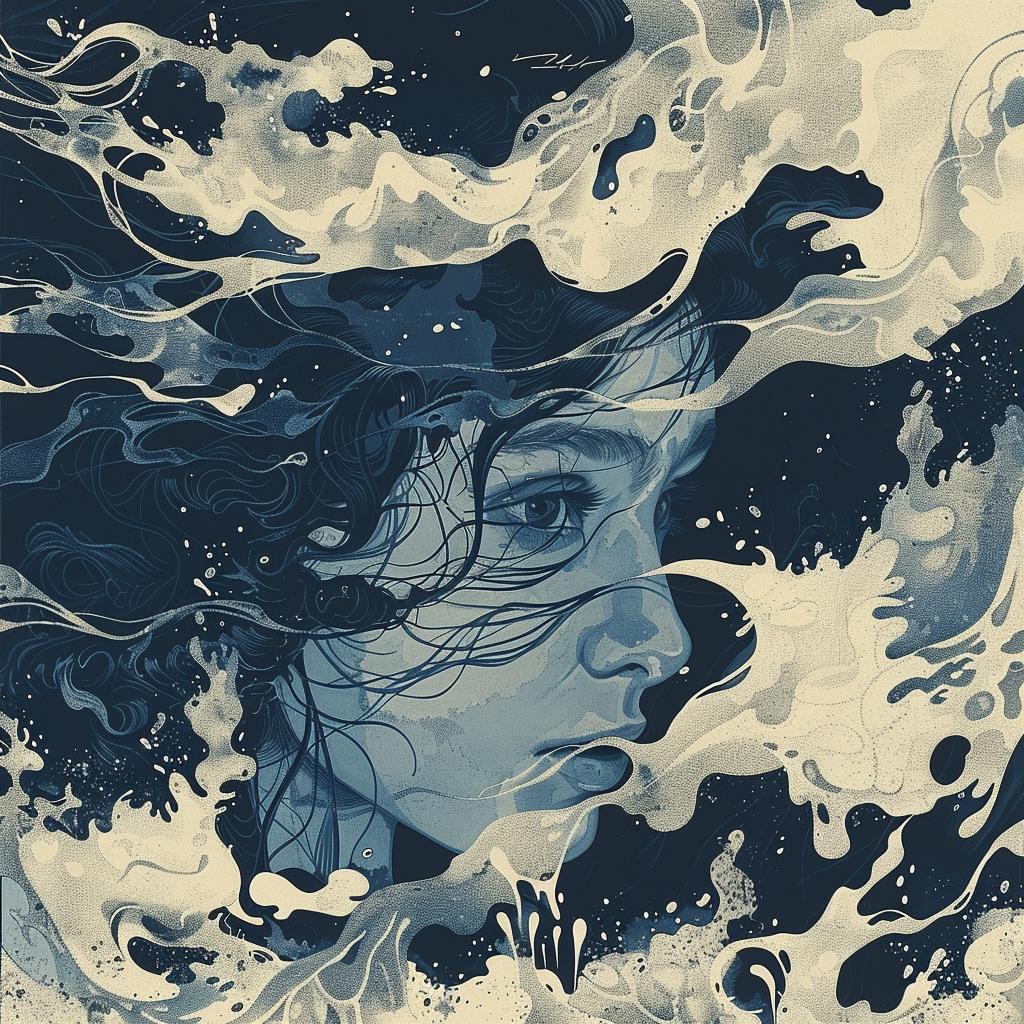 woman  hair  waves  ocean  navy  cream  illustration  art  stylized  design 918091