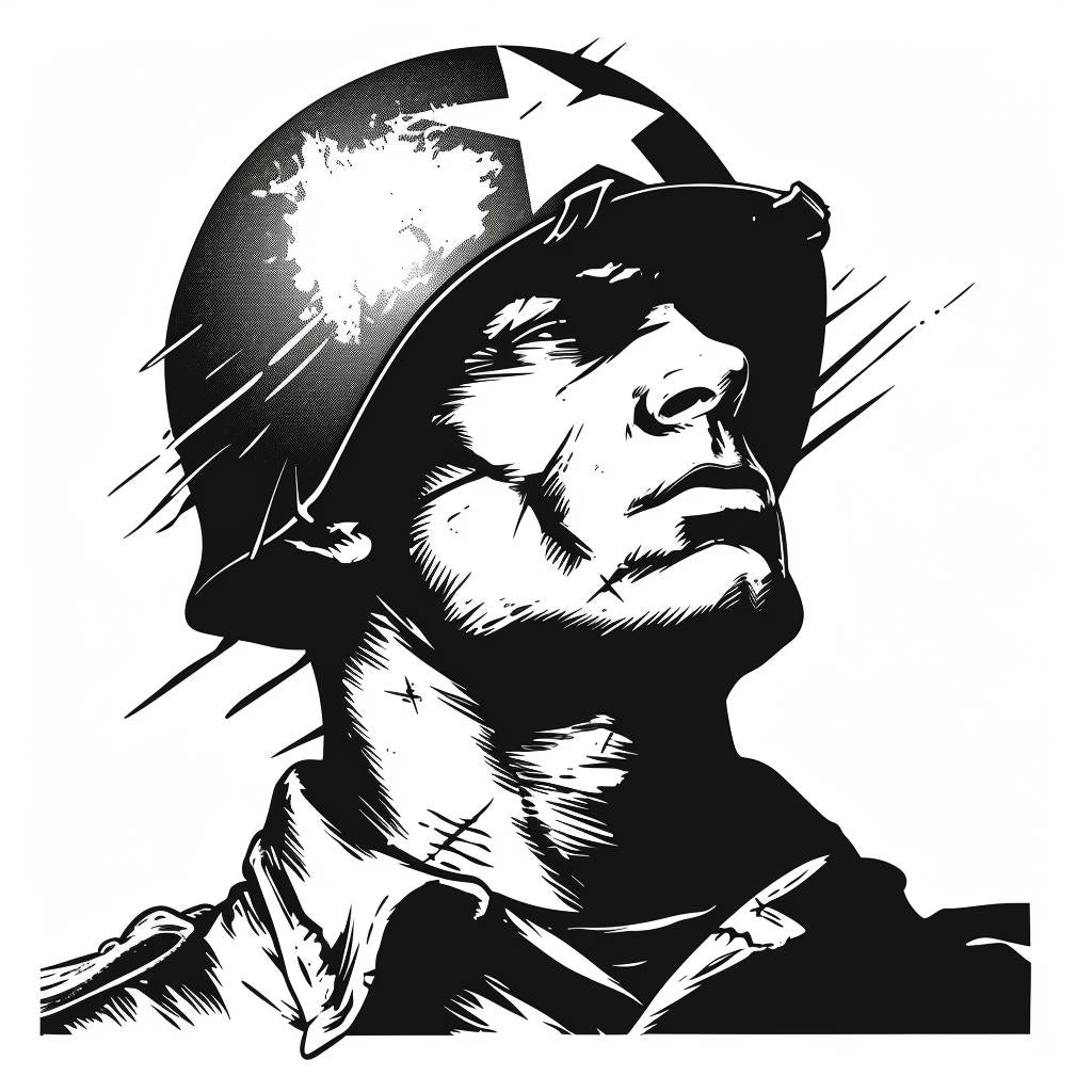 soldier  helmet  silhouette  vintage  icon  bold  black  white  linocut  emblem 951968