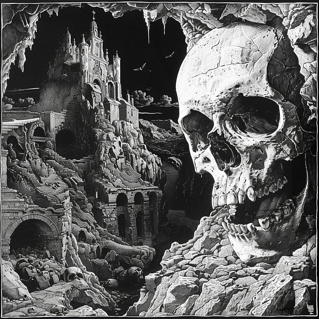 Dore  Woodcut  skull  cave  castle  background  intricate  black  white  detailed 961880