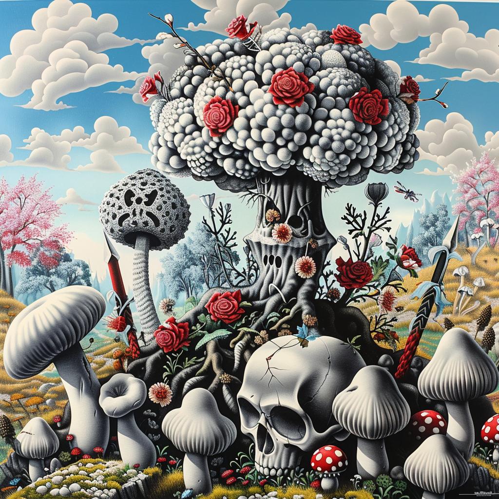 mushrooms  skull  spores  plants  flowers  tree  cluster  Japanese  art  nature 1036264