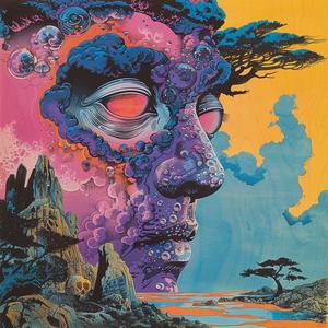 غلاف ألبوم "وجه رجل مخدر" بأشجار، رمز سريالي، ريسوغراف، فائق الواقعية، 1078569