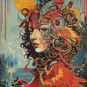امرأة رأس طائر لوحة فنية ملونة، كروموجرافية، مفاهيمية، أنثوية، عضوية 1058811