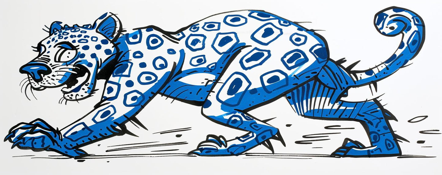 leaping  panther  blue  lizard  drawing  white  background  stylized  animal  artwork 1027875