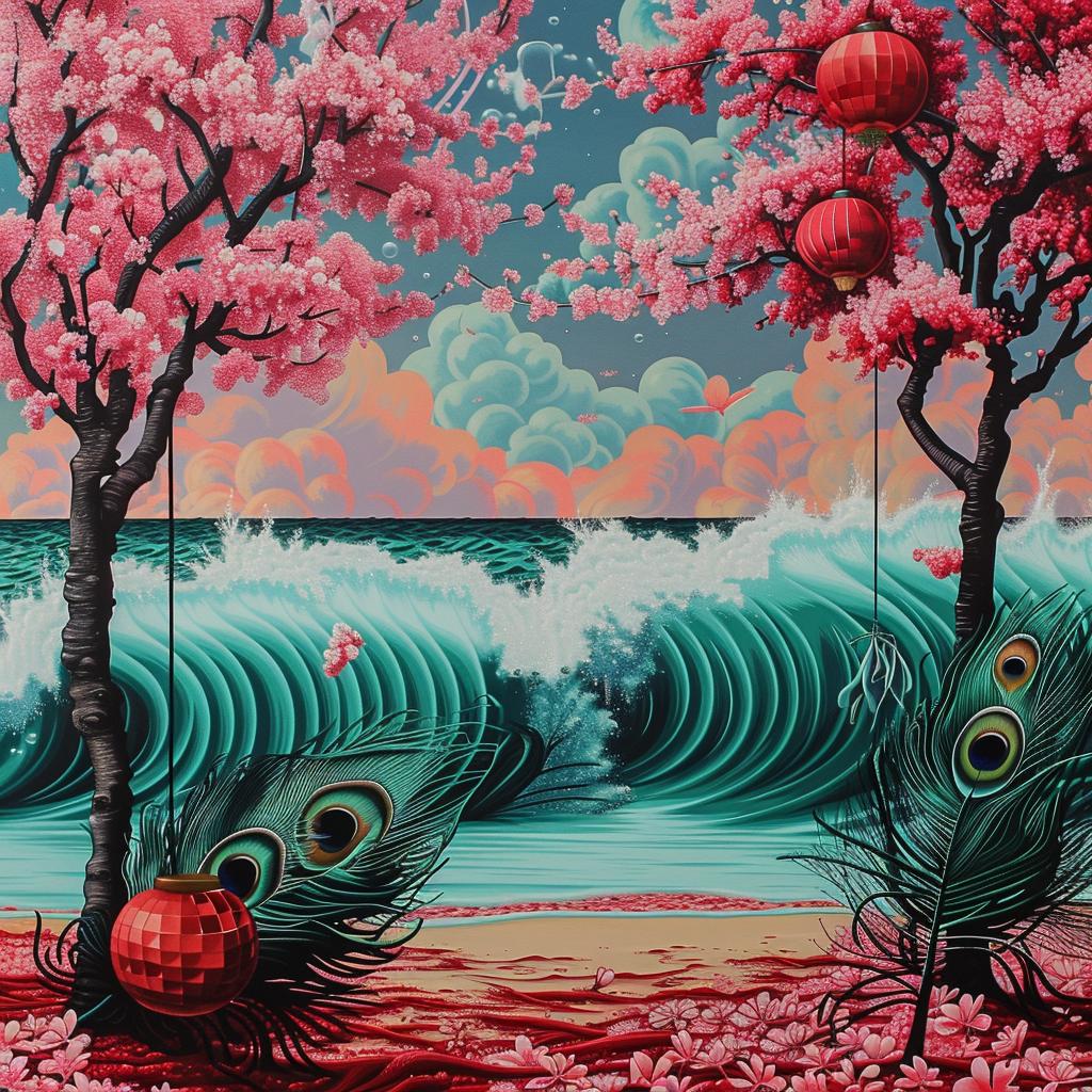 Collage  Peacock  Bioluminescent  Waves  Cherry  Blossom  Aurora  Beach  Clear  Tropical 1016873