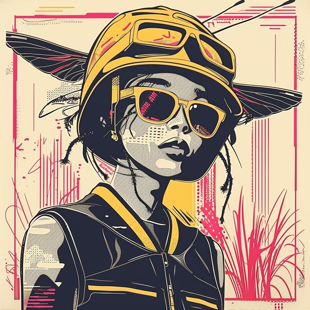 surreal  album  cover  grasshopper  Yoshitoshi  hyper-realistic  screenprinting  symbolist  sunglasses  girl 939562