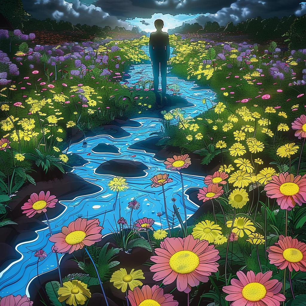 man  flowers  landscape  river  nature  vibrant  colorful  field  scenery  tranquil 1016722