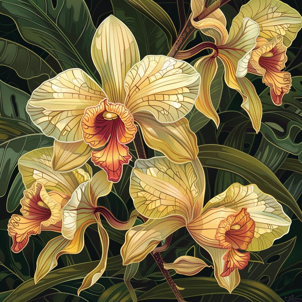 orchids  painting  yellow  black  flowers  contrast  botanical  vibrant  dramatic  nature 971654