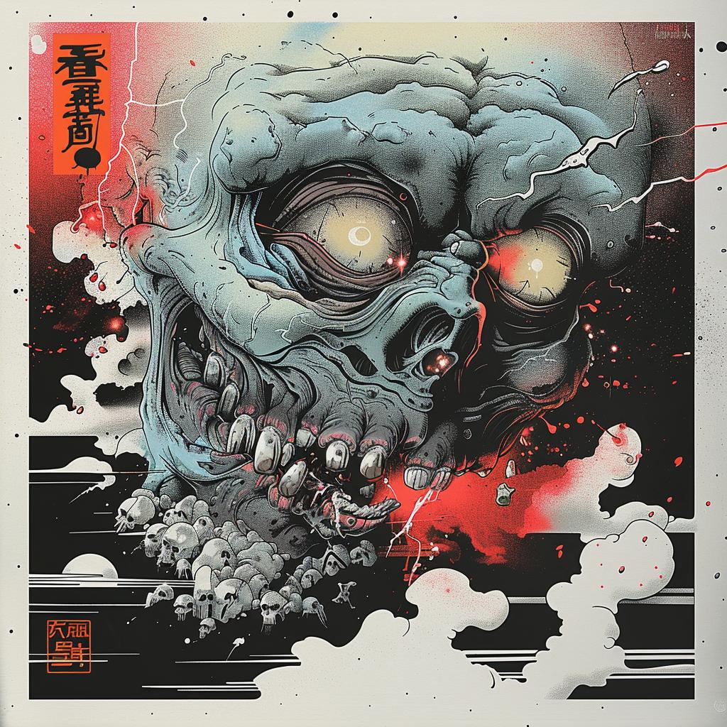 skull  red  eyes  poster  ominous  dark  Japanese  chromolithography  horror  art 1036138