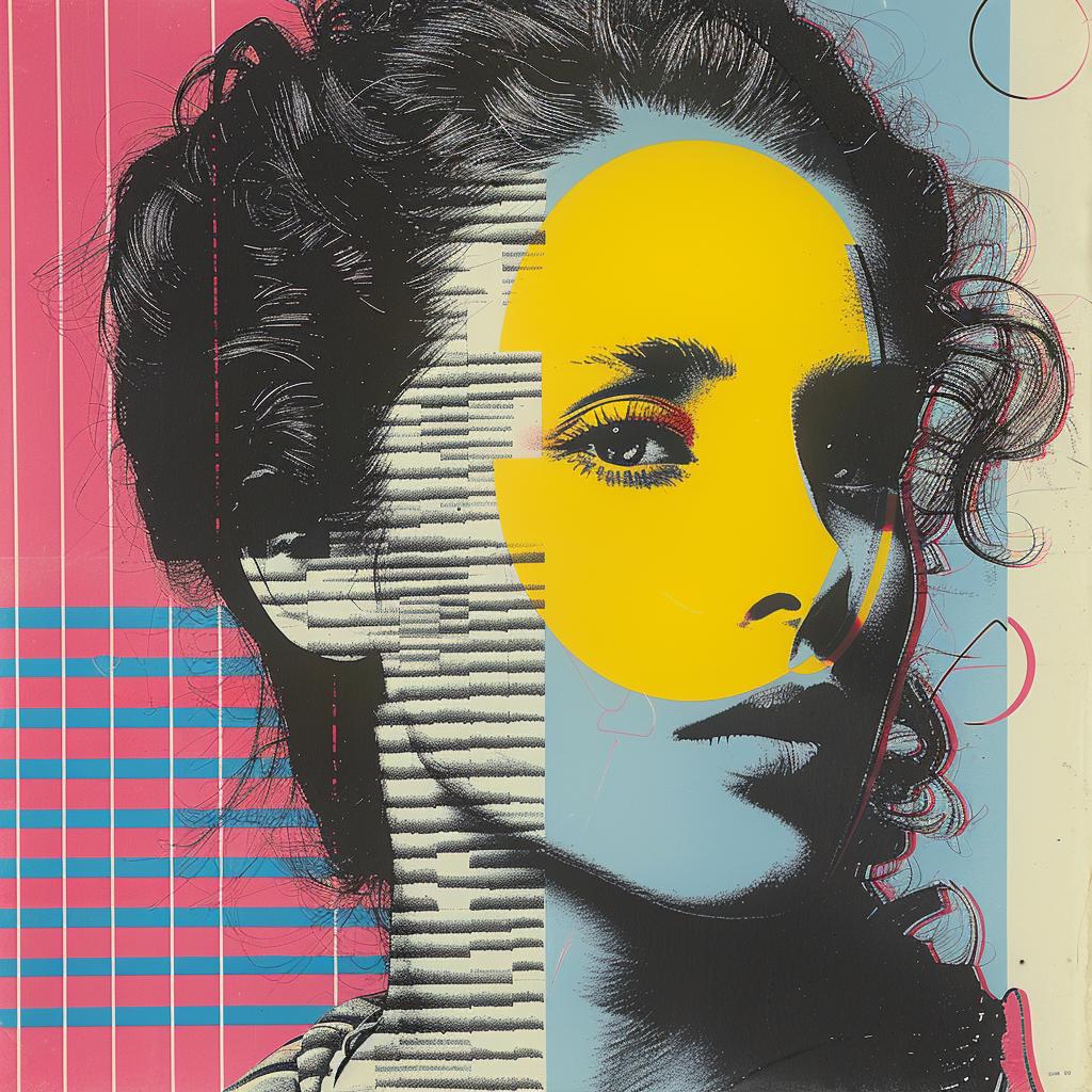 surreal  album  cover  hyper-realistic  screenprinting  woman  yellow  blue  pink  background 960494