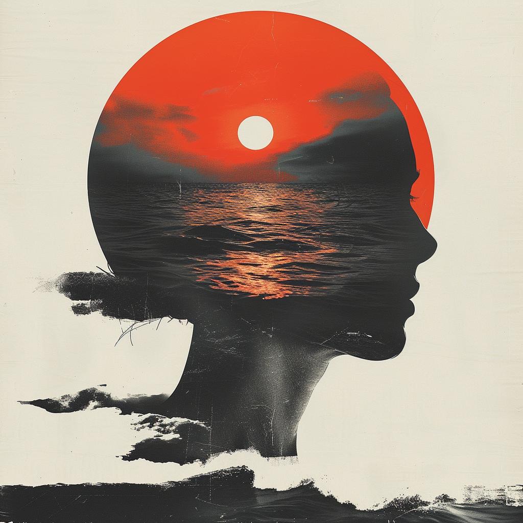 surreal  album  cover  hyper-realistic  screenprinting  Peter  Mendelsund  sunset  ocean  head 960521
