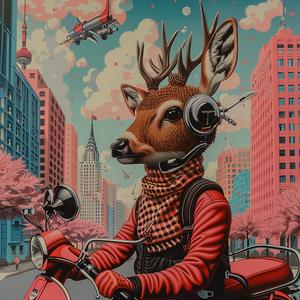 deer  man  moped  NYC  painting  motorcycle  urban  whimsical  animal  transport 1037926