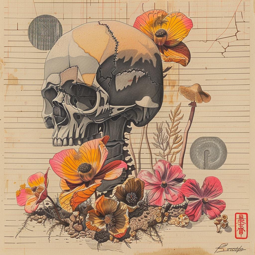 mushrooms  skull  flowers  plants  cluster  intertwined  spores  drawing  Japanese  lettering 1036331