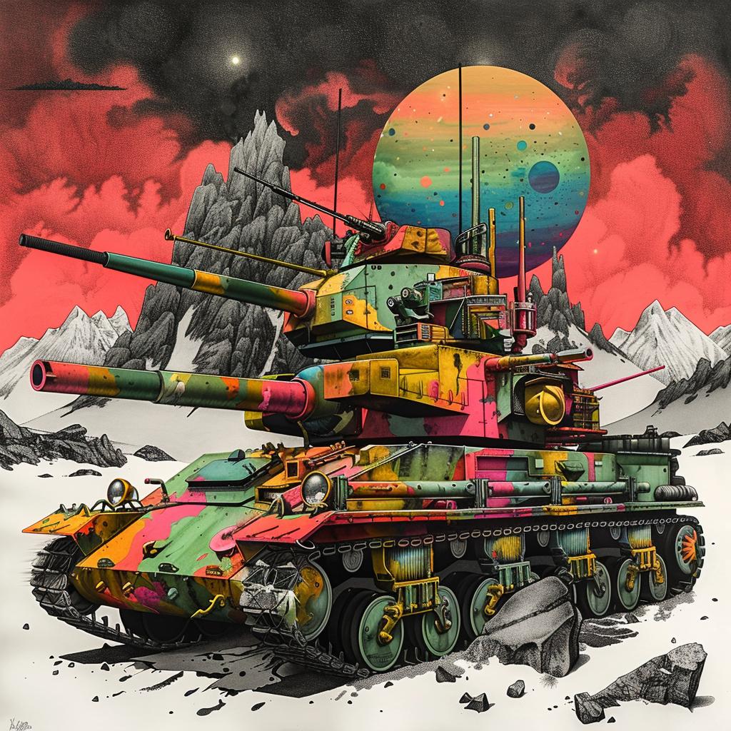 tank  1980s  winter  painting  rainbow  concept  military  colorful  art  modern 1036400