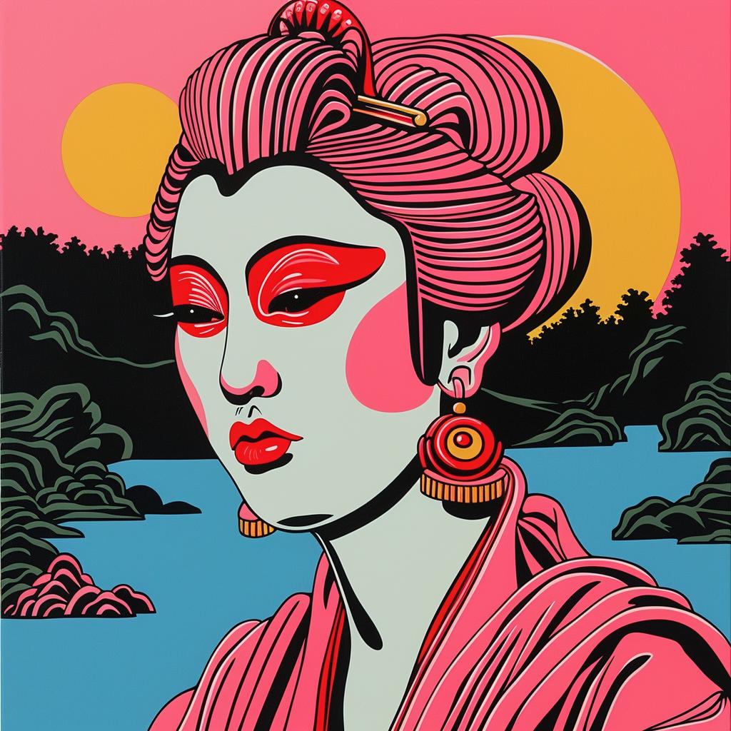 geisha  woman  pink  blue  colors  painting  creative  artwork  album  cover 1021392