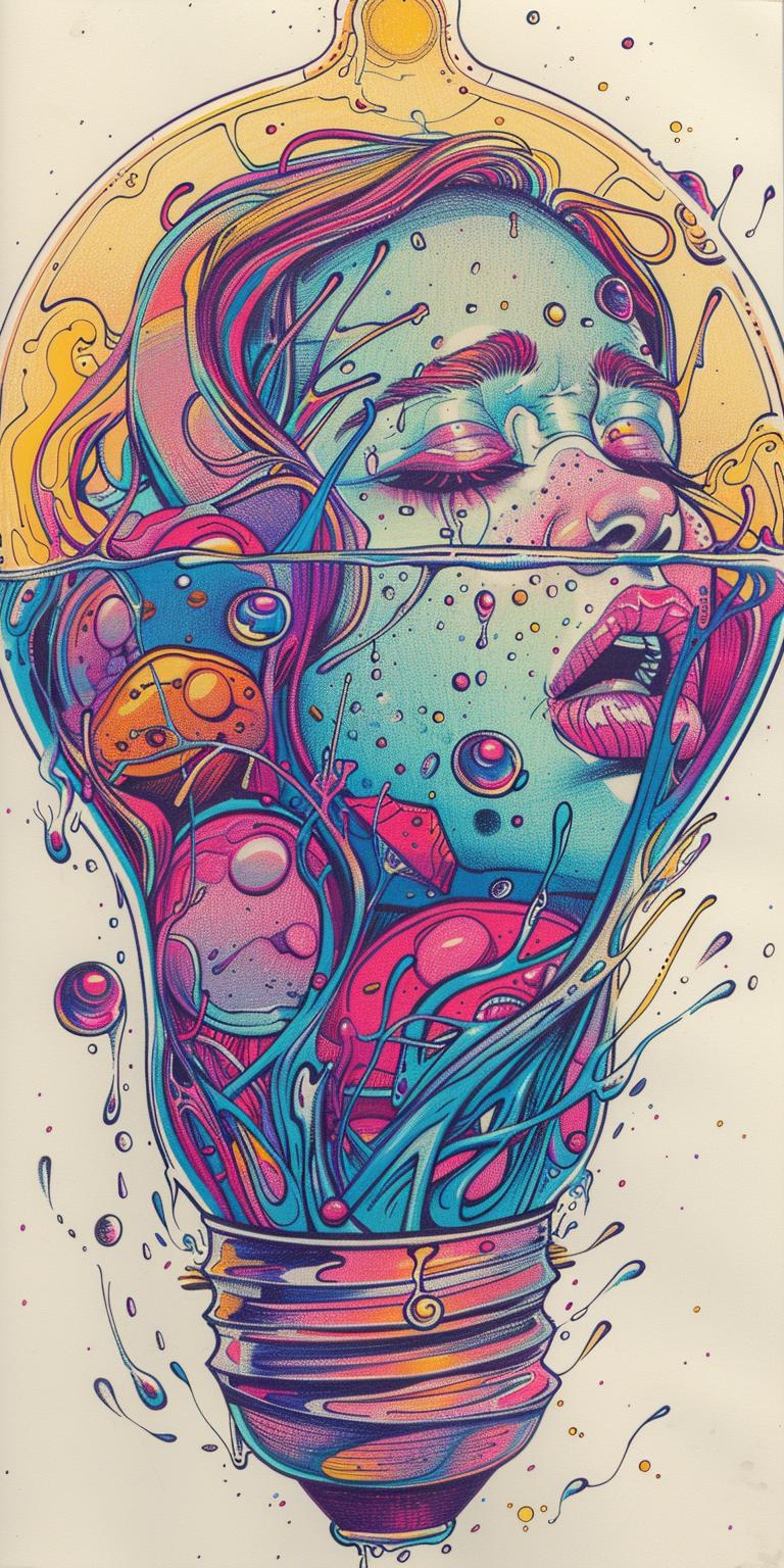مصباح كهربائي، امرأة سائلة تغرق، رسم فقاعات ملونة، فن سريالي، عاطفة 940543